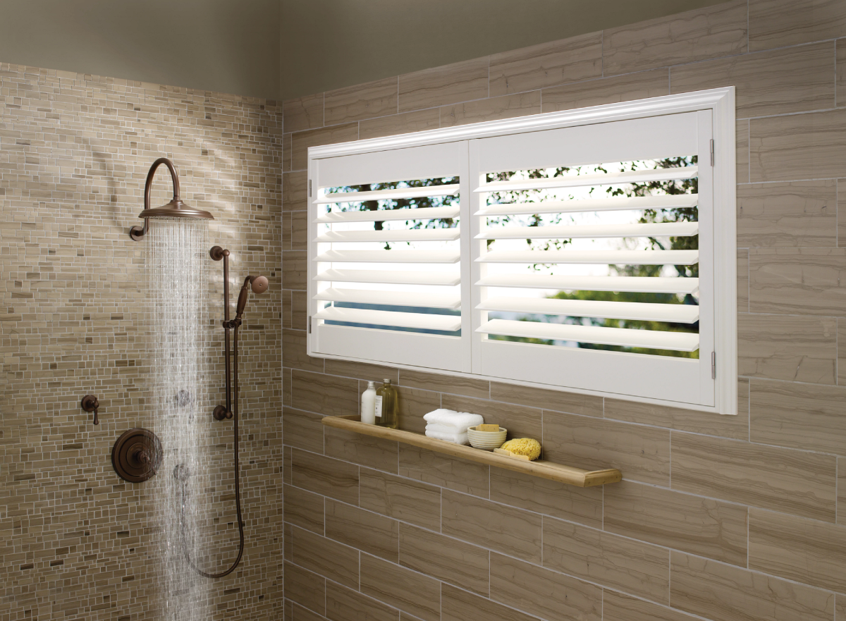 Our Blog 1 Hunter Douglas shutters in a modern shower.